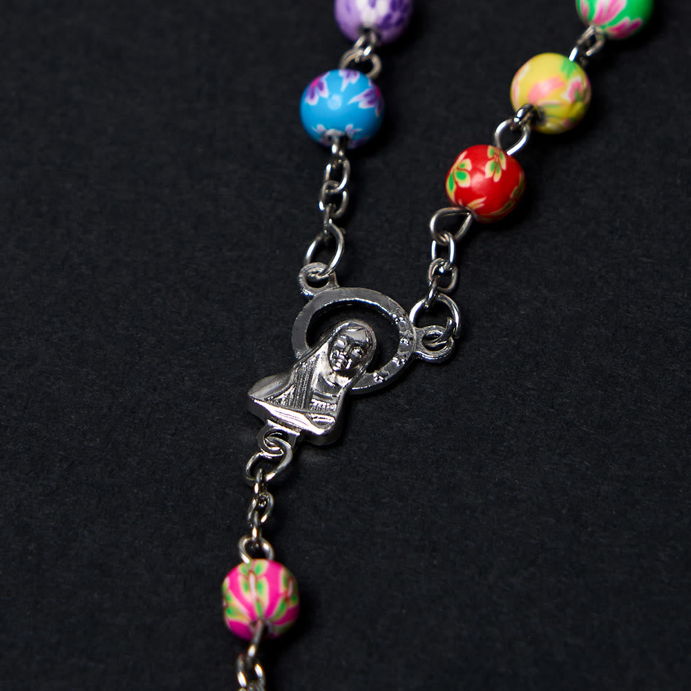 Christiandiscipleshop Our Lady of Guadalupe & Crucifix of 6 mm Round Multicolor Polymer Clay Alloy Chain Rosary