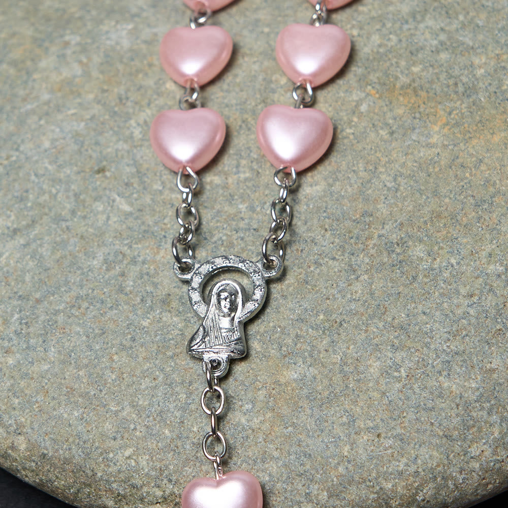 Christiandiscipleshop Our Lady of Fátima & Crucifix of 10 mm Heart Pink Acrylic Alloy Chain Rosary