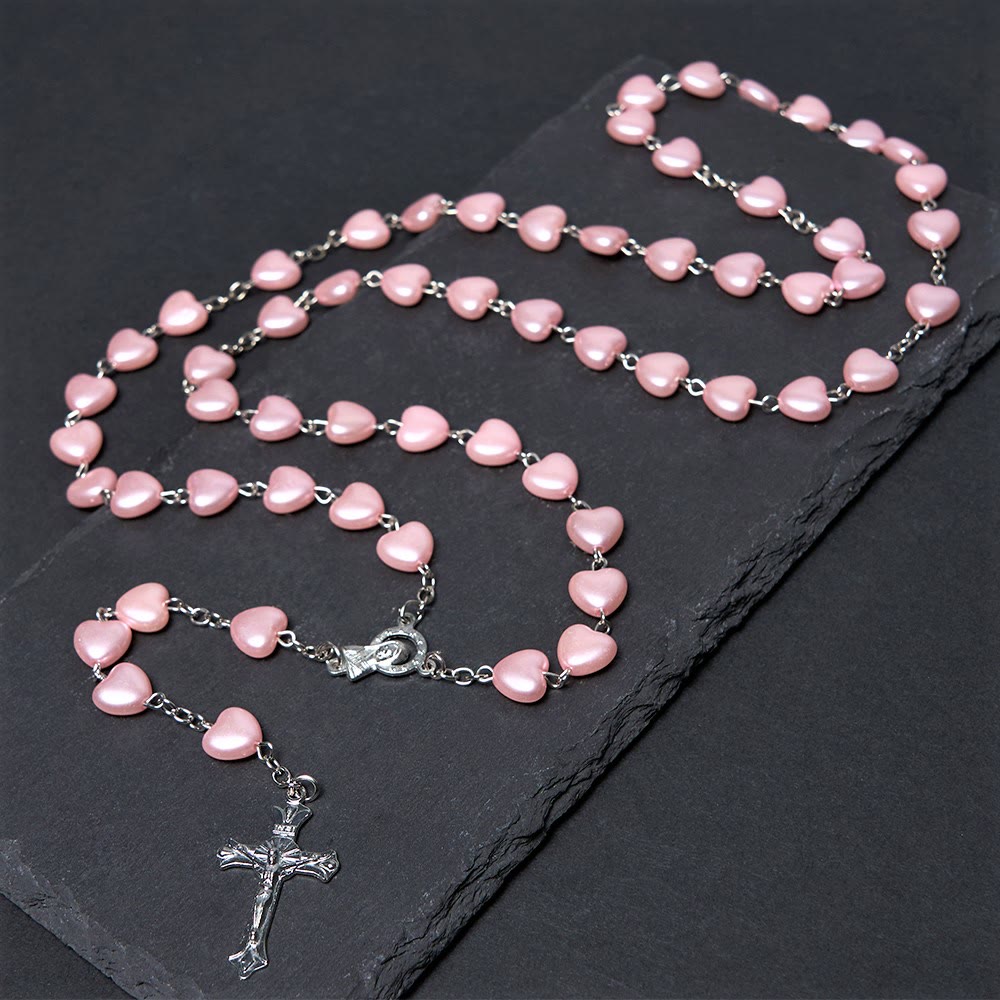 Christiandiscipleshop Our Lady of Fátima & Crucifix of 10 mm Heart Pink Acrylic Alloy Chain Rosary