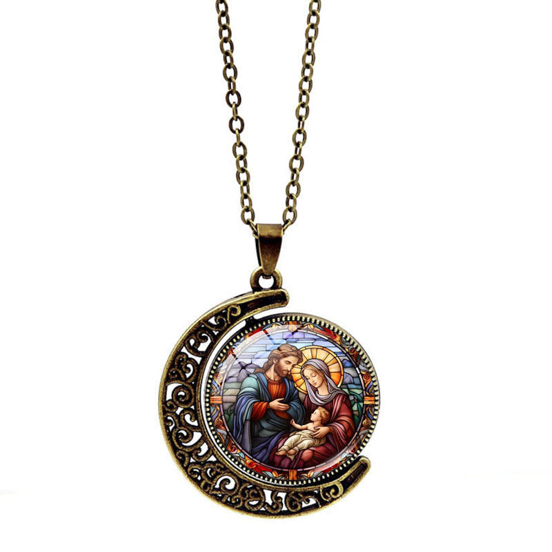 christiandiscipleshop Jesus Holy Family Double-Sided Rotating Moon Pendant Necklace