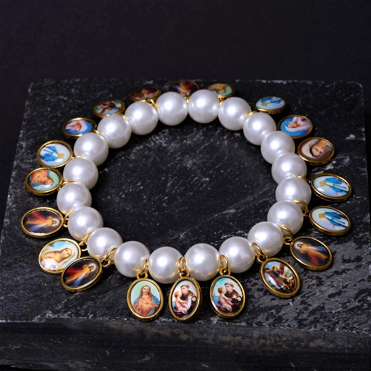 Christiandiscipleshop Retro Style Saint Jesus Mary Medals Cross Pearl Bracelet