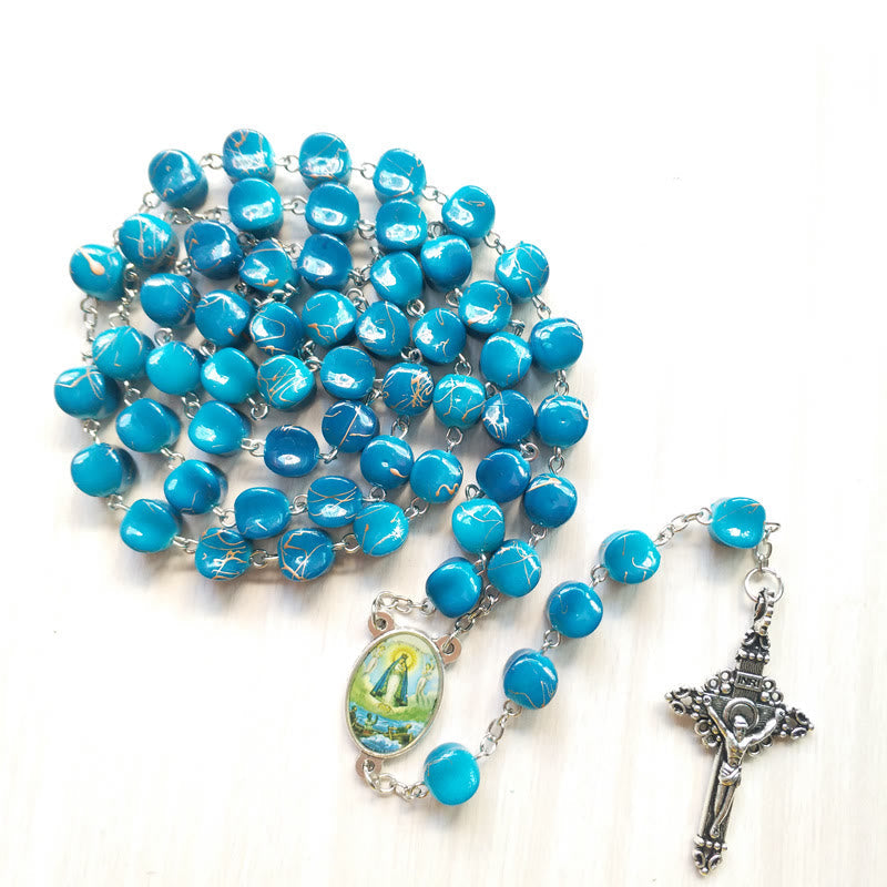 Christiandiscipleshop Our Lady of Guadalupe & Crucifix of 10 mm Polyhedron Peacock Blue Acrylic Alloy Chain Rosary