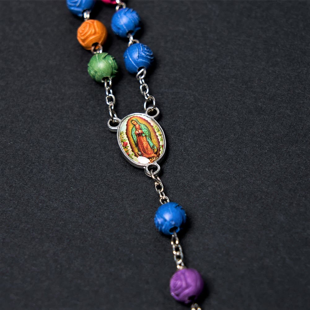 Christiandiscipleshop Our Lady of Guadalupe & Crucifix of 8 mm Rose Multicolor Resin Alloy Chain Rosary