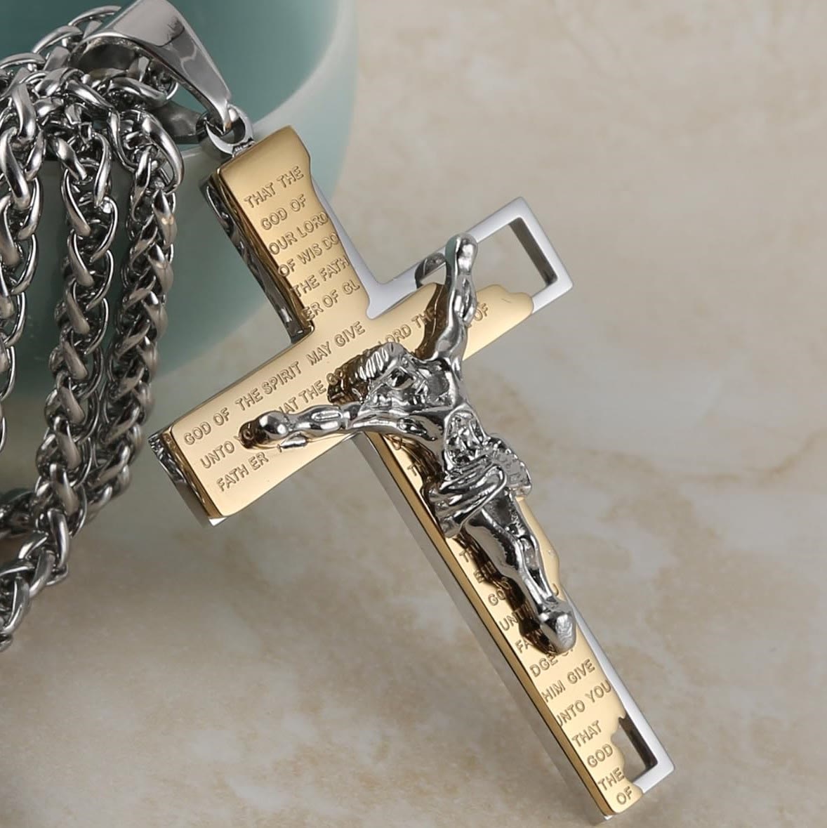 christiandiscipleshop Stainless Steel Crucifix Bible Prayer Pendant Necklace Chain
