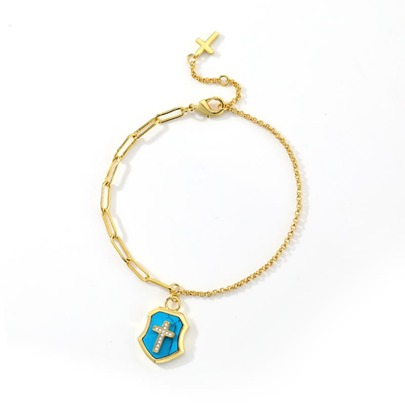 christiandiscipleshop Turquoise Cross Shield Blessing Bracelet with Zircon Stones
