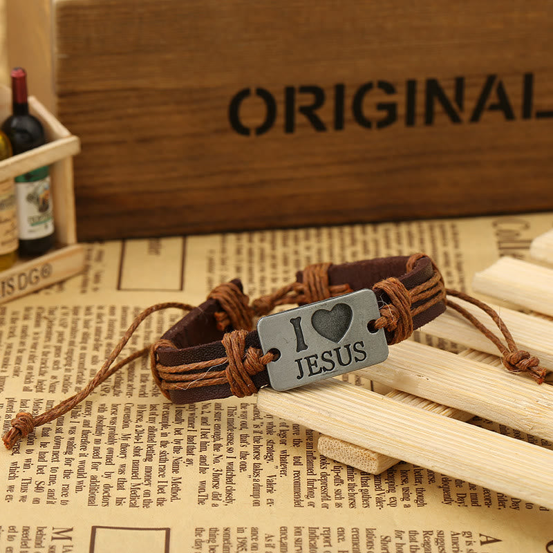 Christianartworkshop "I Love Jesus" Jewelry Cross Adjustable Leather Bracelet