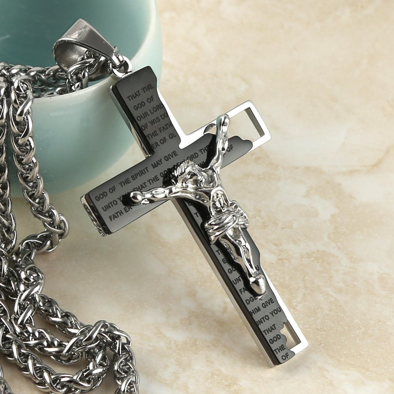christiandiscipleshop Stainless Steel Crucifix Bible Prayer Pendant Necklace Chain