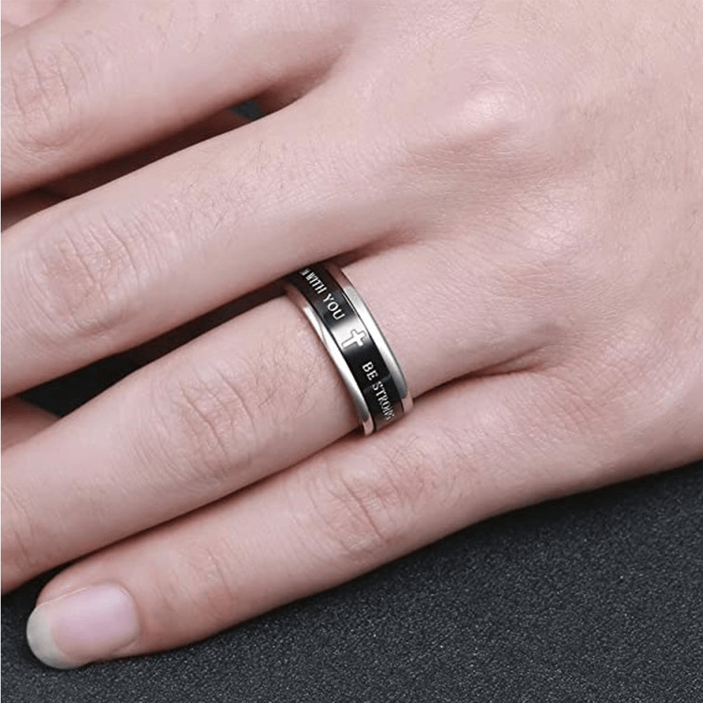 christiandiscipleshop Titanium Black/Gold Cross Step Edges Rotating Ring