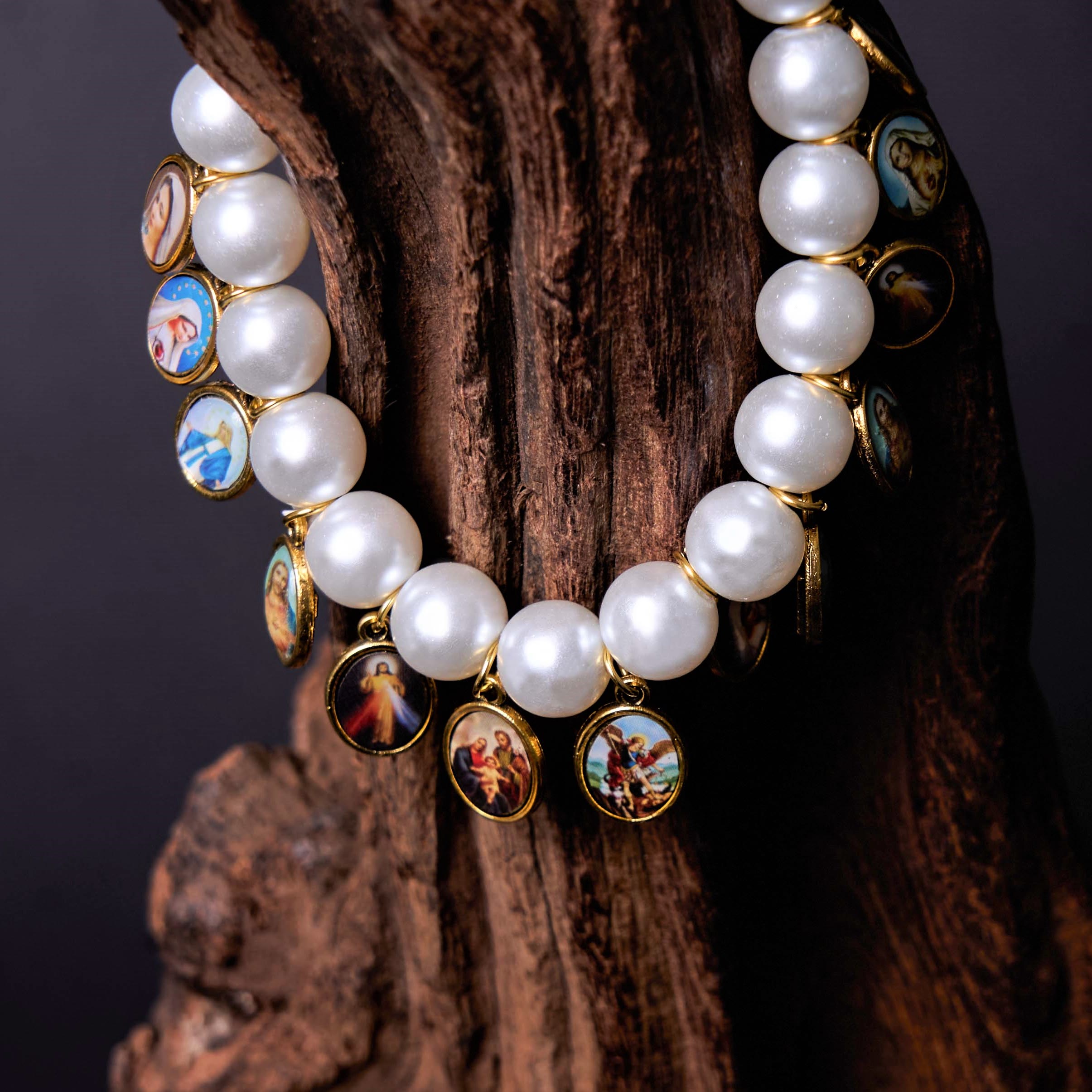 Christiandiscipleshop Retro Style Saint Jesus Mary Medals Cross Pearl Bracelet