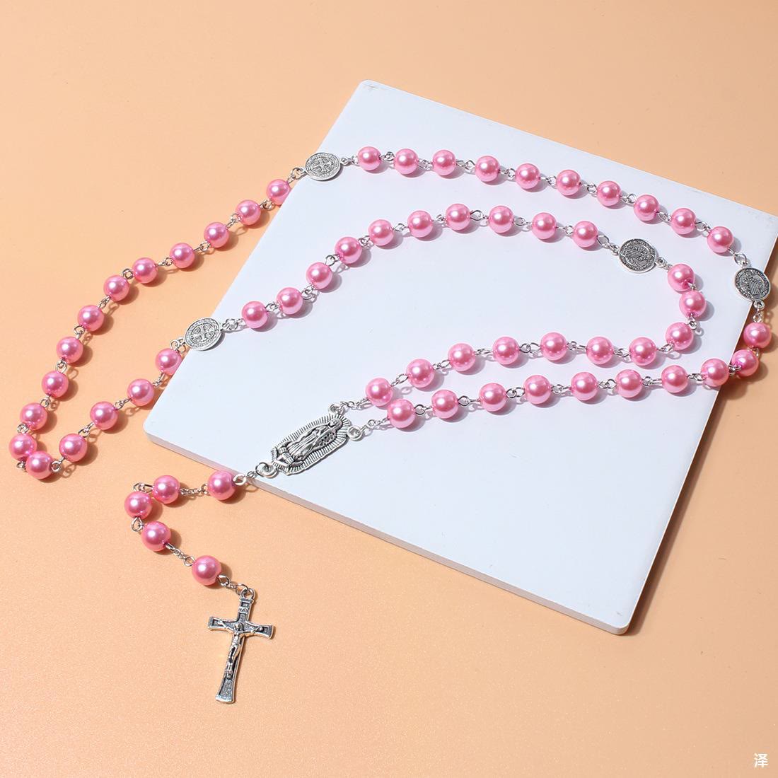 Virgin Mary Medal & Crucifix Pendant Pearl Necklace (4 colors for choice)