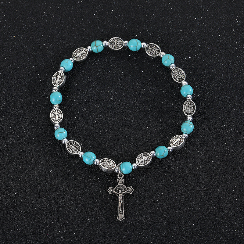 Christianartworkshop Achat/Türkis St. Benedikt Kreuz Armband