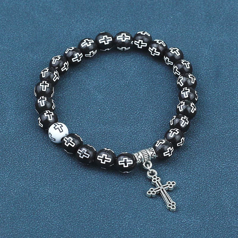 Christiandiscipleshop Cross Printed Black & White Bead Bracelet