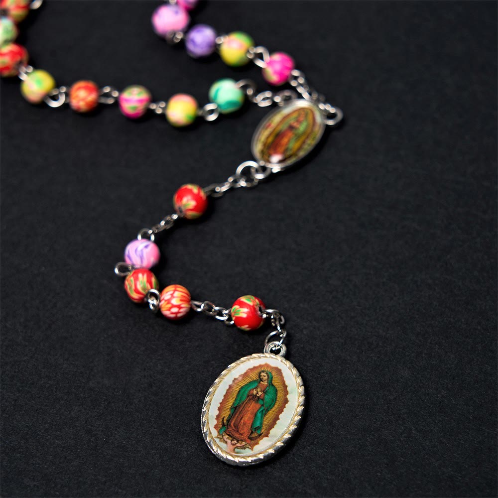 Christiandiscipleshop Our Lady of Guadalupe & Crucifix of 6 mm Round Multicolor Polymer Clay Alloy Chain Rosary