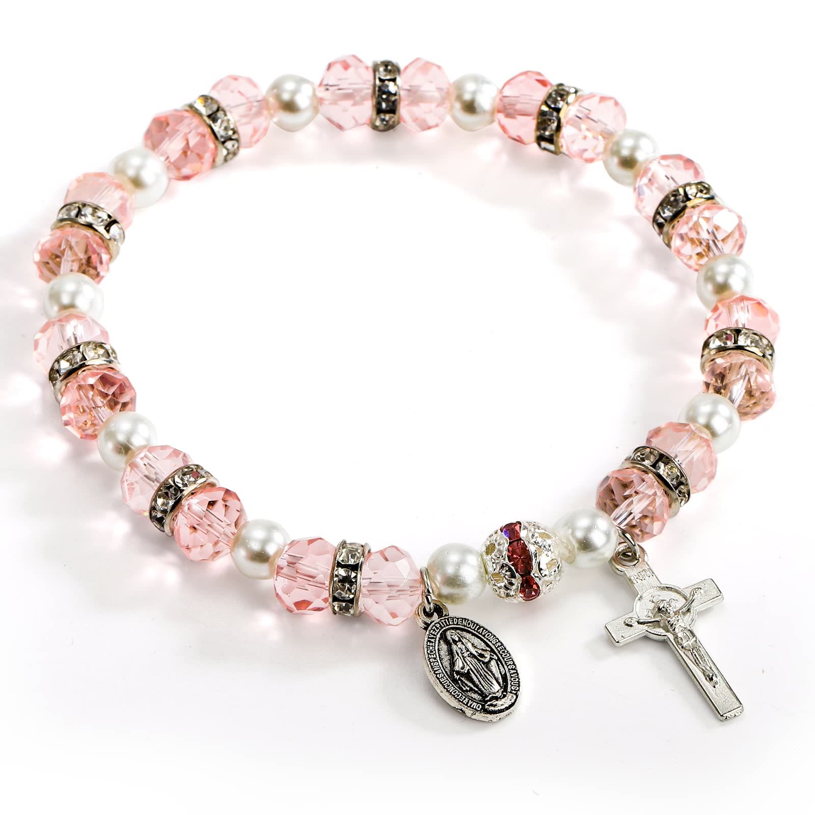 Crystal Beads Stretch Bracelet with Crucifix and Miraculous Medal