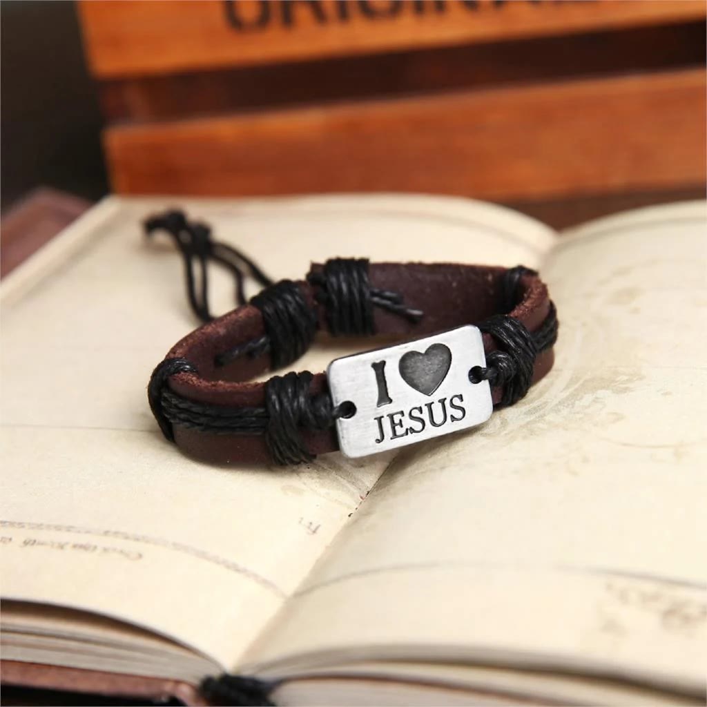 Christianartworkshop "I Love Jesus" Jewelry Cross Adjustable Leather Bracelet