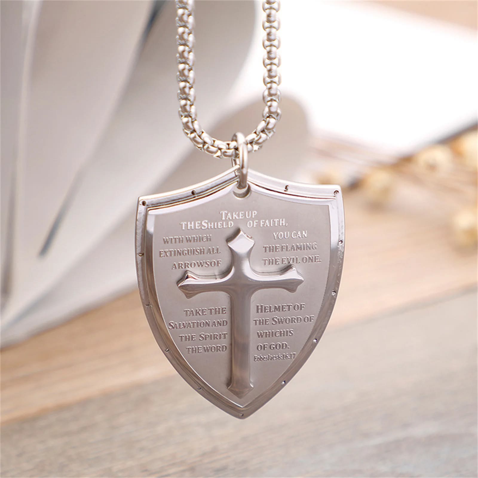 christiandiscipleshop Stainless Steel Lords Prayer Cross Shield Pendant Necklace