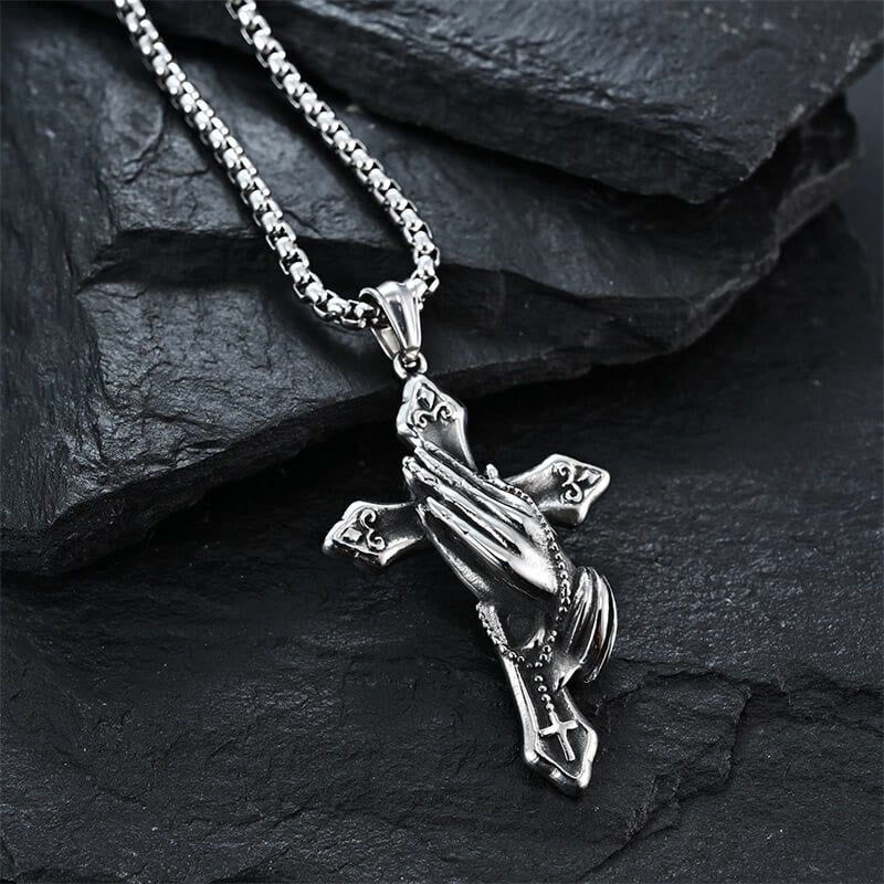 Christiandiscipleshop Praying Hands Cross Stainless Steel Pendant Necklace