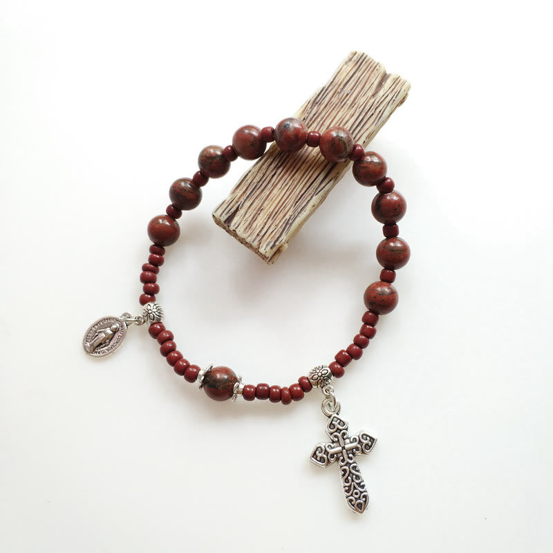 christiandiscipleshop Miraculous Medal & Cross Natural Stone Rosary Bracelet
