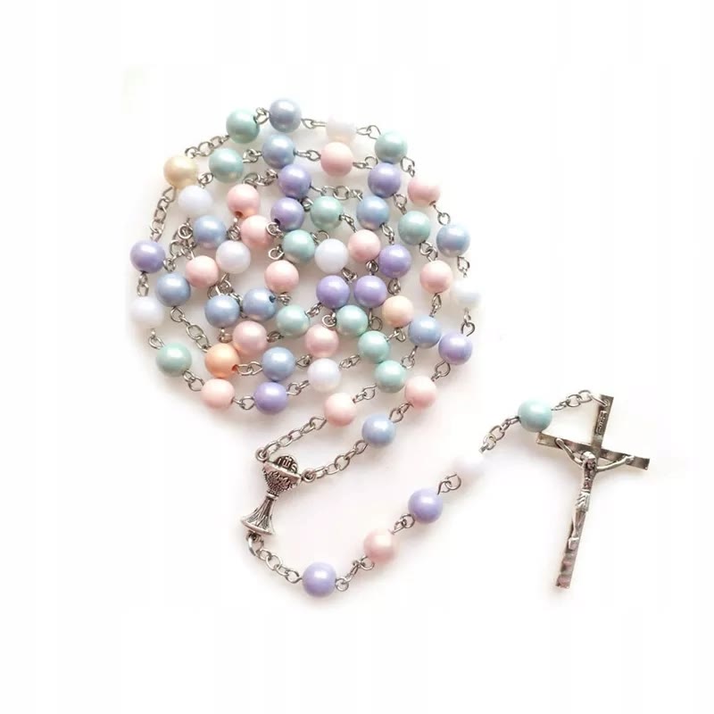 christiandiscipleshop Holy Grail & Crucifix of 8 mm Round Multicolor Acrylic Alloy Chain Rosary