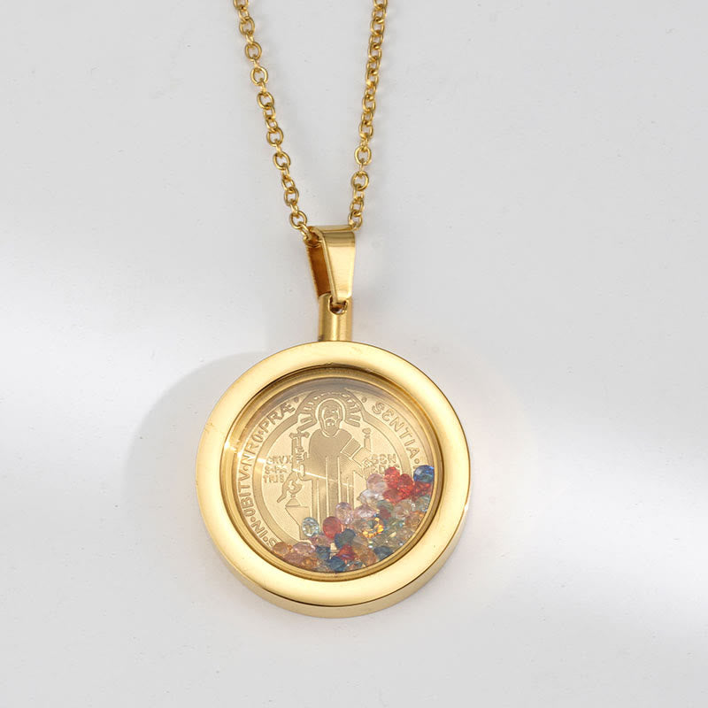 Christiandiscipleshop Gold Round Reversible Necklace: Our Lady and St. Benedict