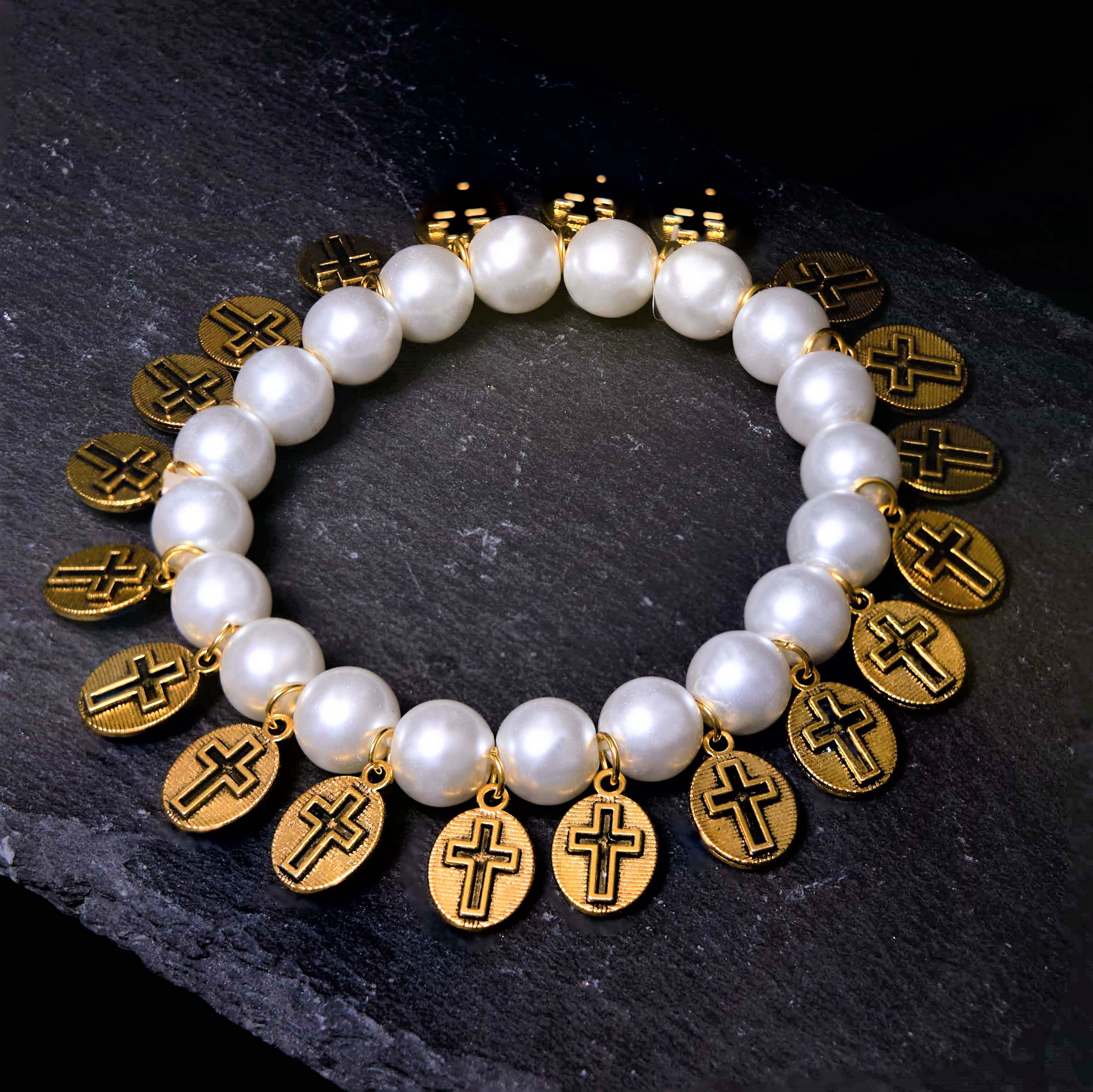 Christiandiscipleshop Retro Style Saint Jesus Mary Medals Cross Pearl Bracelet
