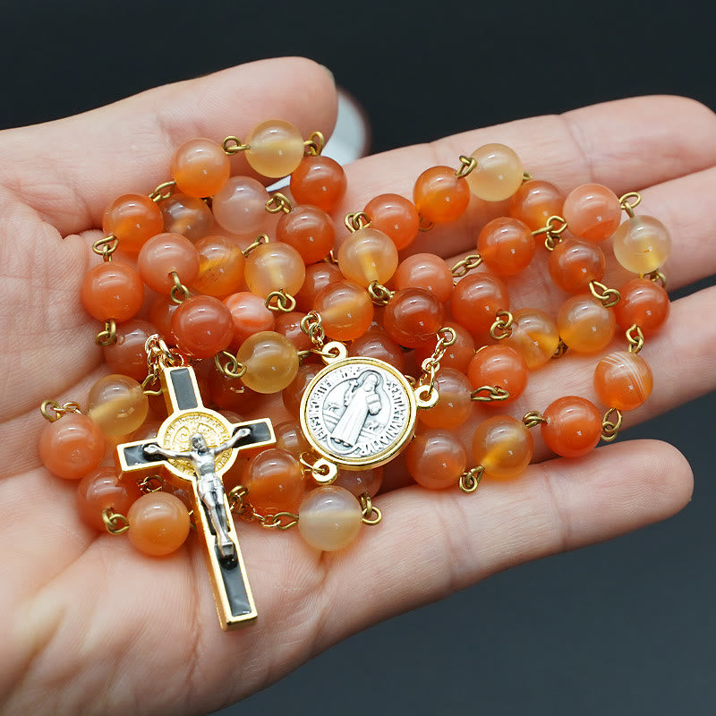 Christiandiscipleshop Natural Agate Rosary with St. Benedict & Crucifix