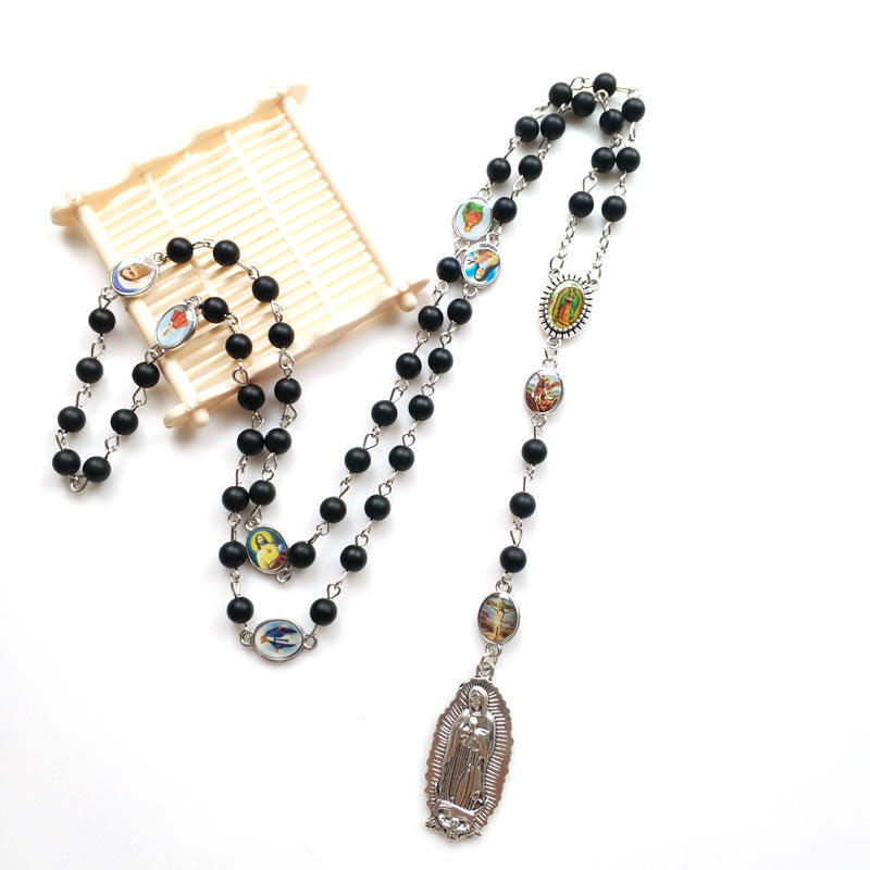 Christiandiscipleshop Our Lady of Guadalupe of 6 mm Round Black Agate Alloy Chain Rosary