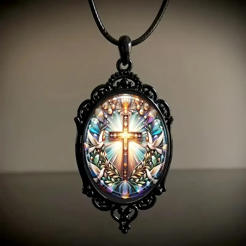 Christiandiscipleshop Retro Style Cross & Holy Dove Glass Pendant Necklace