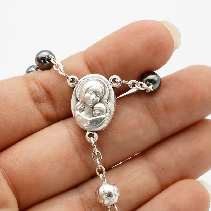christiandiscipleshop Hematite Rosary with Blessed Virgin Mary Medal