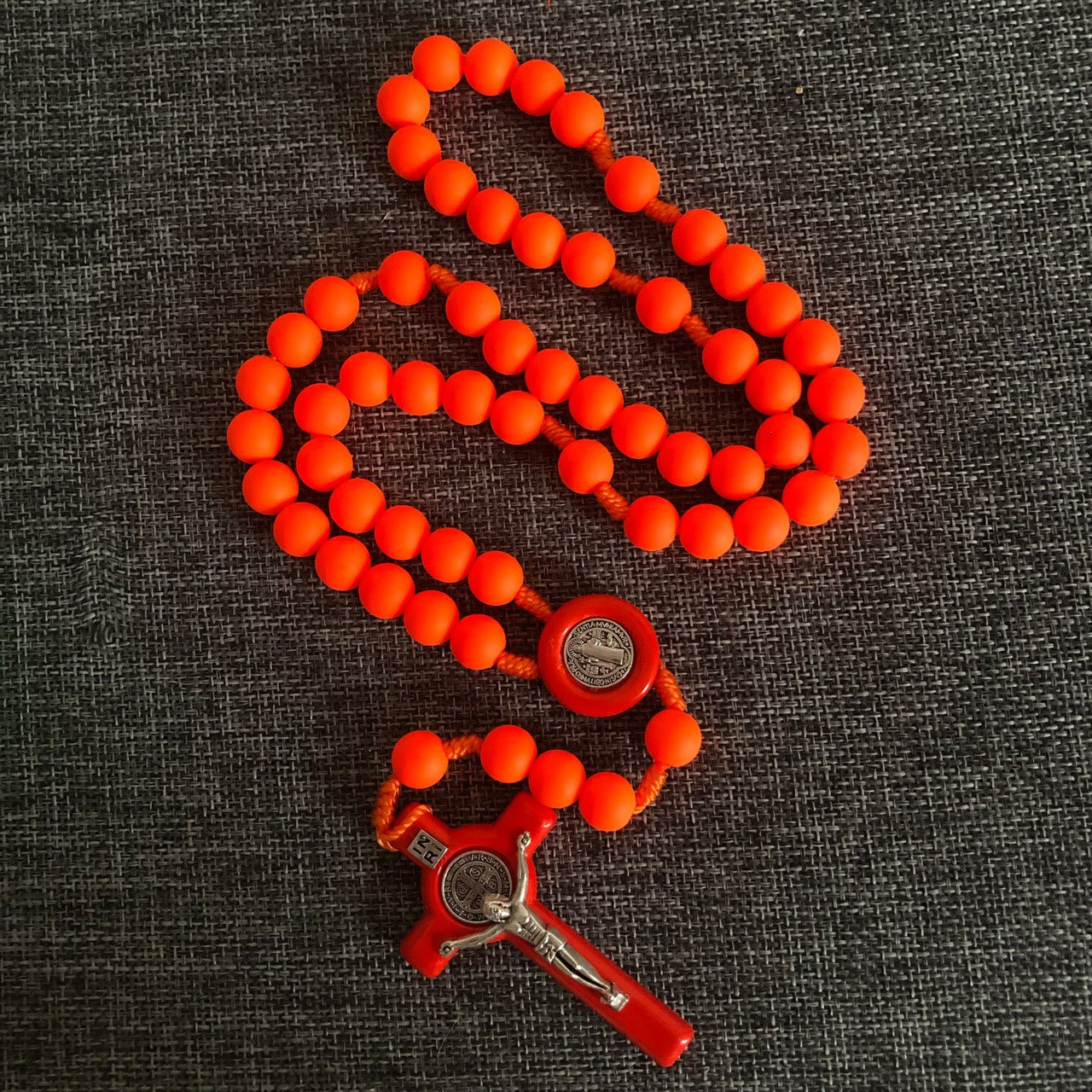 Christiandiscipleshop St. Benedict Medal & Crucifix of 10 mm Round Multicolor Fluorescence Acrylic Nylon Cord Rosary