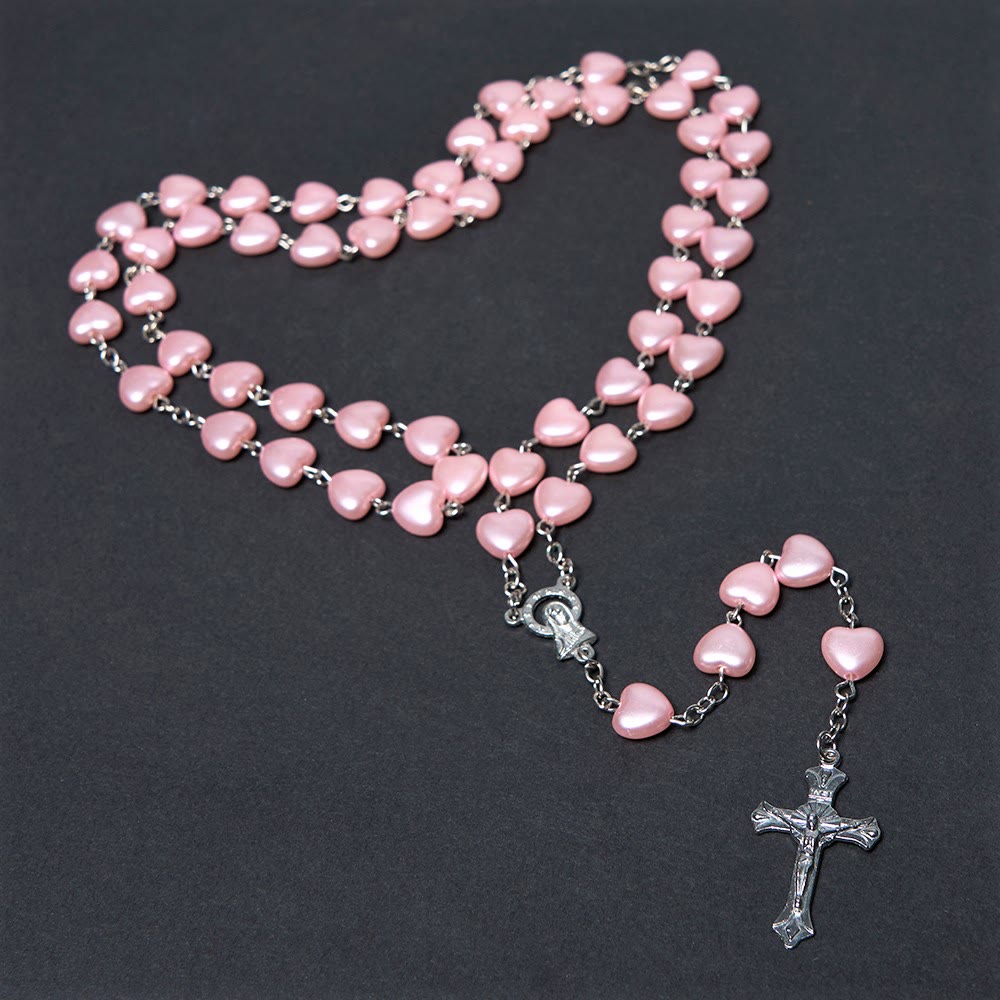 Christiandiscipleshop Our Lady of Fátima & Crucifix of 10 mm Heart Pink Acrylic Alloy Chain Rosary