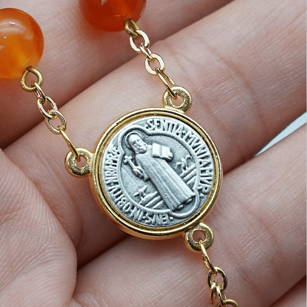 Christiandiscipleshop Natural Agate Rosary with St. Benedict & Crucifix