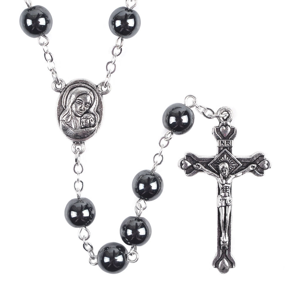 christiandiscipleshop Madonna and Child & Crucifix of 8 mm Round Black Hematite Alloy Chain Rosary