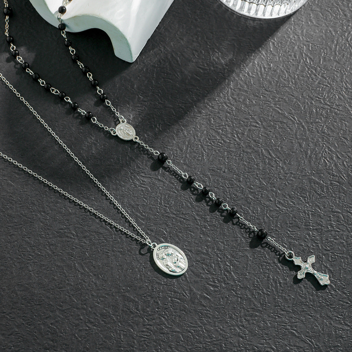christiandiscipleshop Layered Cross Black Bead Necklace
