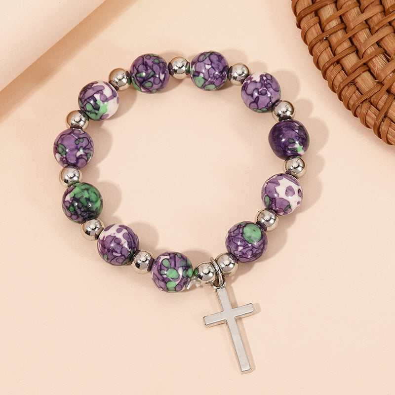 FREE Today：10mm Purple and Green Stone Bracelet with Cross