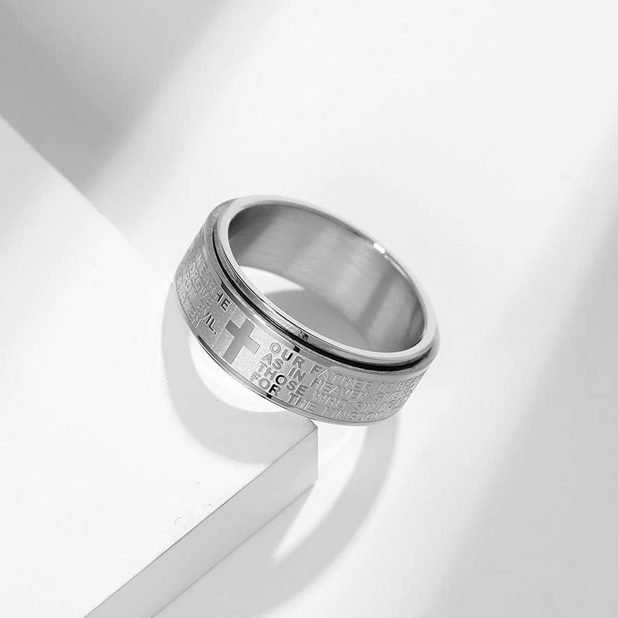 christiandiscipleshop Lord's Prayer Cross Stainless Steel Wedding Band Bible Verse Engraved Ring