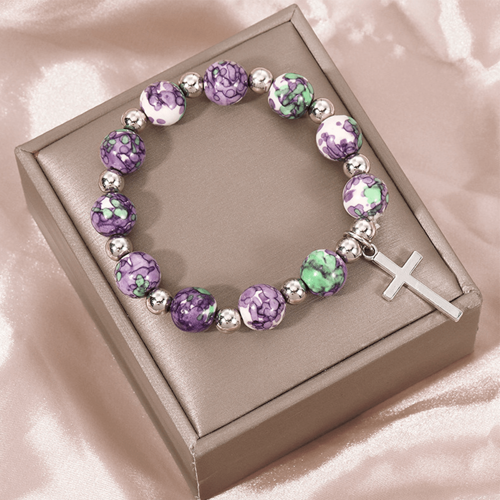 FREE Today：10mm Purple and Green Stone Bracelet with Cross