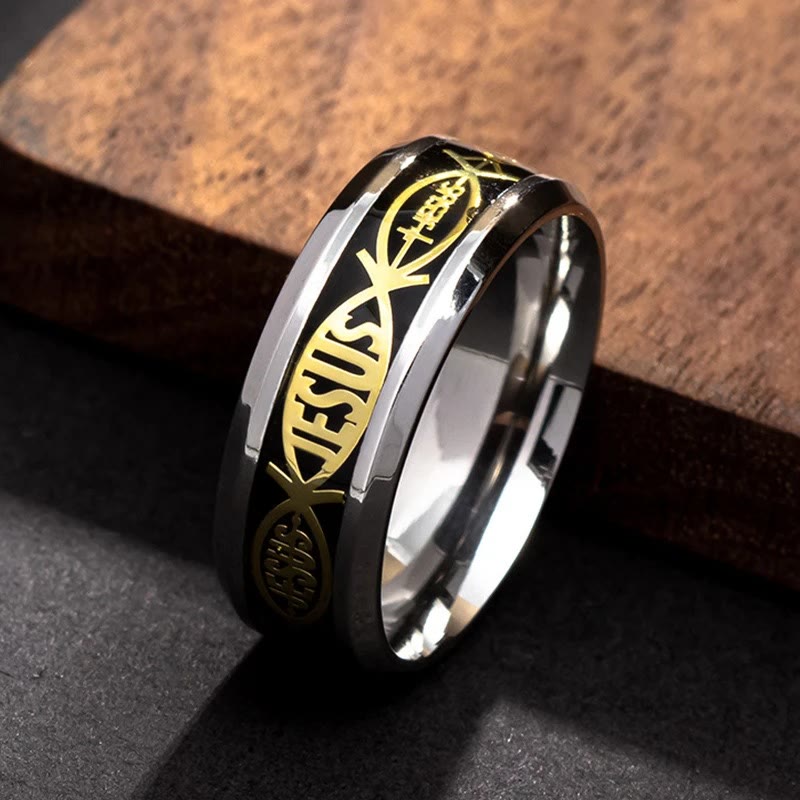 Christiandiscipleshop Rustic Stainless Steel Ring: "Jesus" in Fish