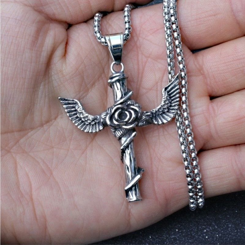 Christiandiscipleshop Retro Style Wings Rose Cross Pendant Titanium Necklace