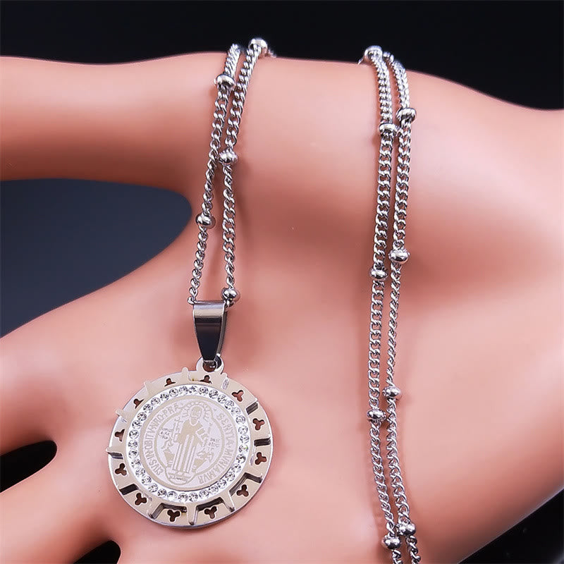 Christiandiscipleshop Retro Style Gem-set St. Benedict Medal Pendant Necklace