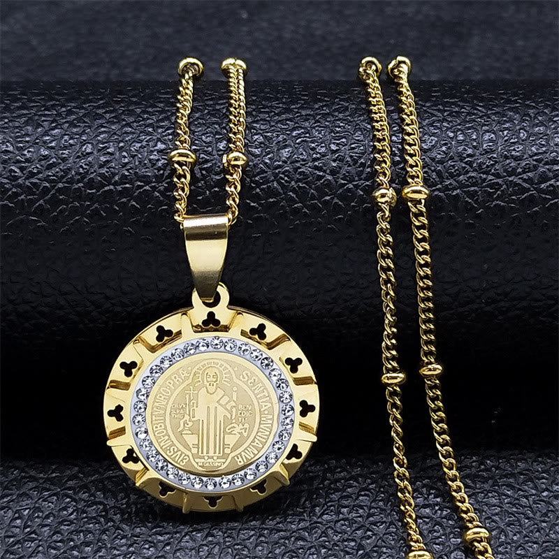 Christiandiscipleshop Retro Style Gem-set St. Benedict Medal Pendant Necklace