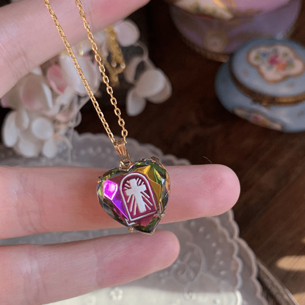 christiandiscipleshop Intaglio Enamel Technique Vintage Style Iridescent Heart-Cross Glass Necklace