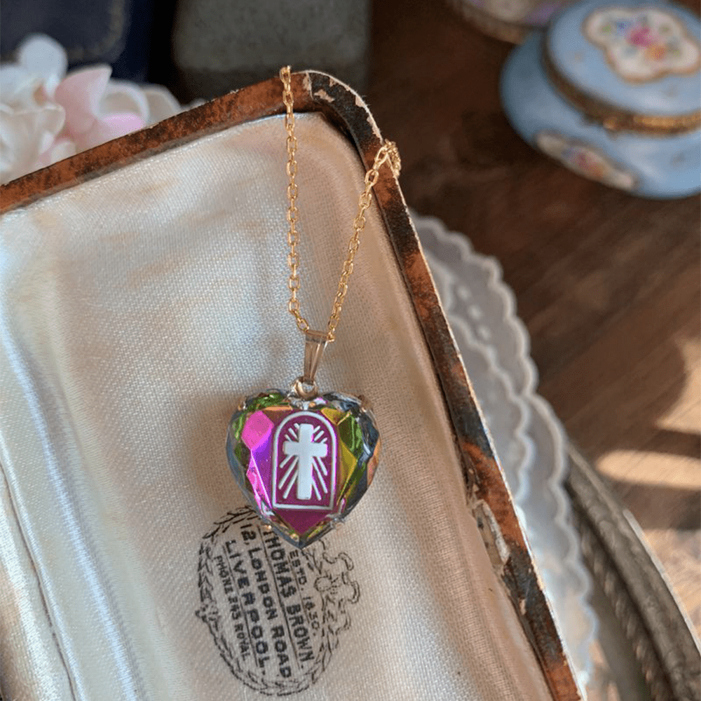 christiandiscipleshop Intaglio Enamel Technique Vintage Style Iridescent Heart-Cross Glass Necklace