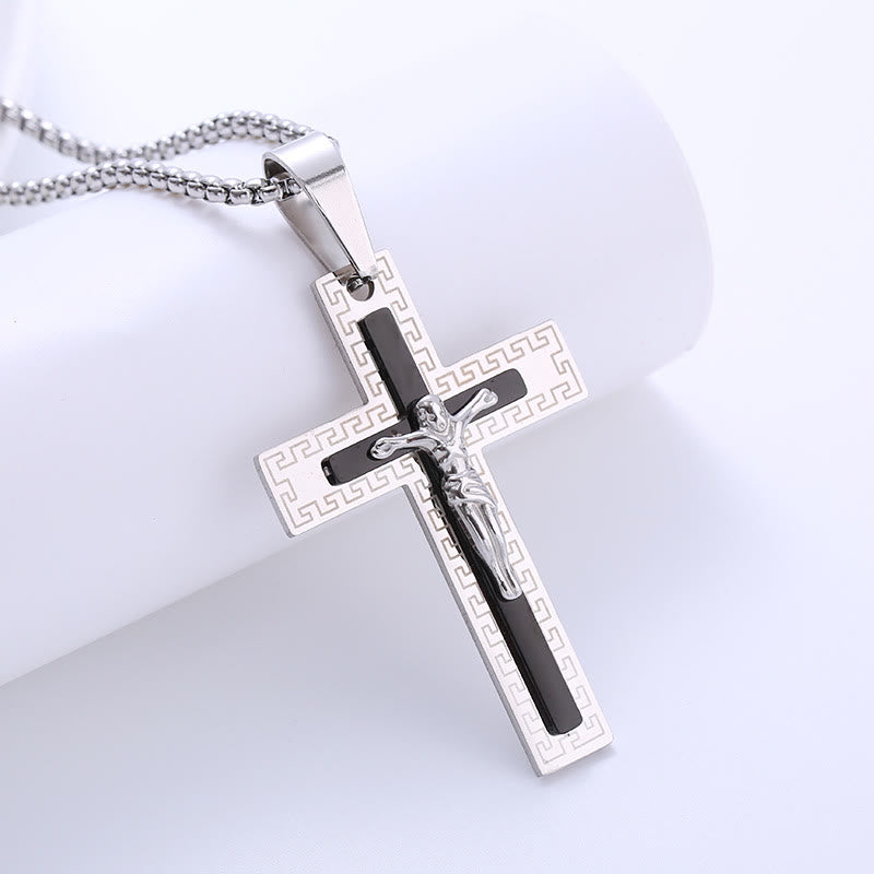 Christiandiscipleshop Retro Style Triple Layer Crucifix Pendant Titanium Necklace