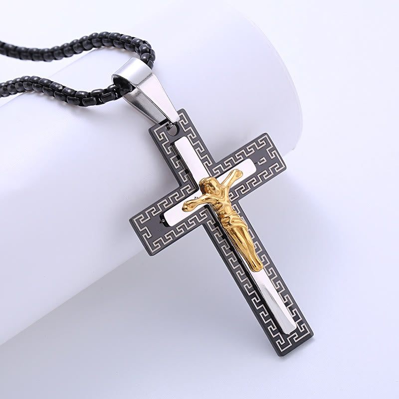 Christiandiscipleshop Retro Style Triple Layer Crucifix Pendant Titanium Necklace
