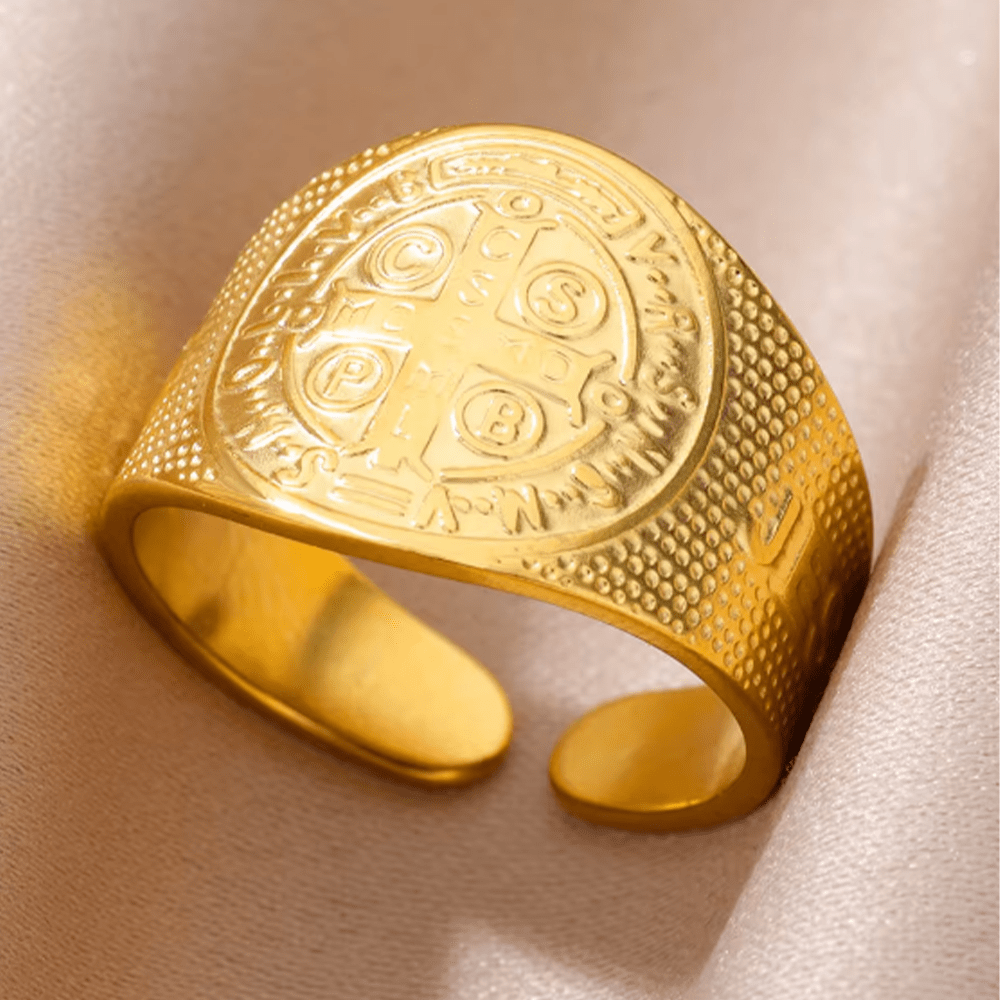 Christiandiscipleshop Classic Style JESUS St. Benedict Symbol Titanium Adjustable Ring