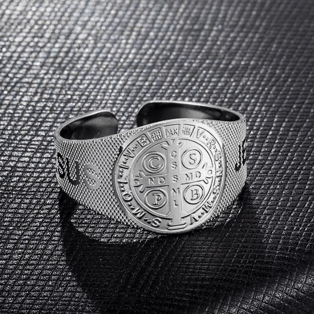 Christiandiscipleshop Classic Style JESUS St. Benedict Symbol Titanium Adjustable Ring