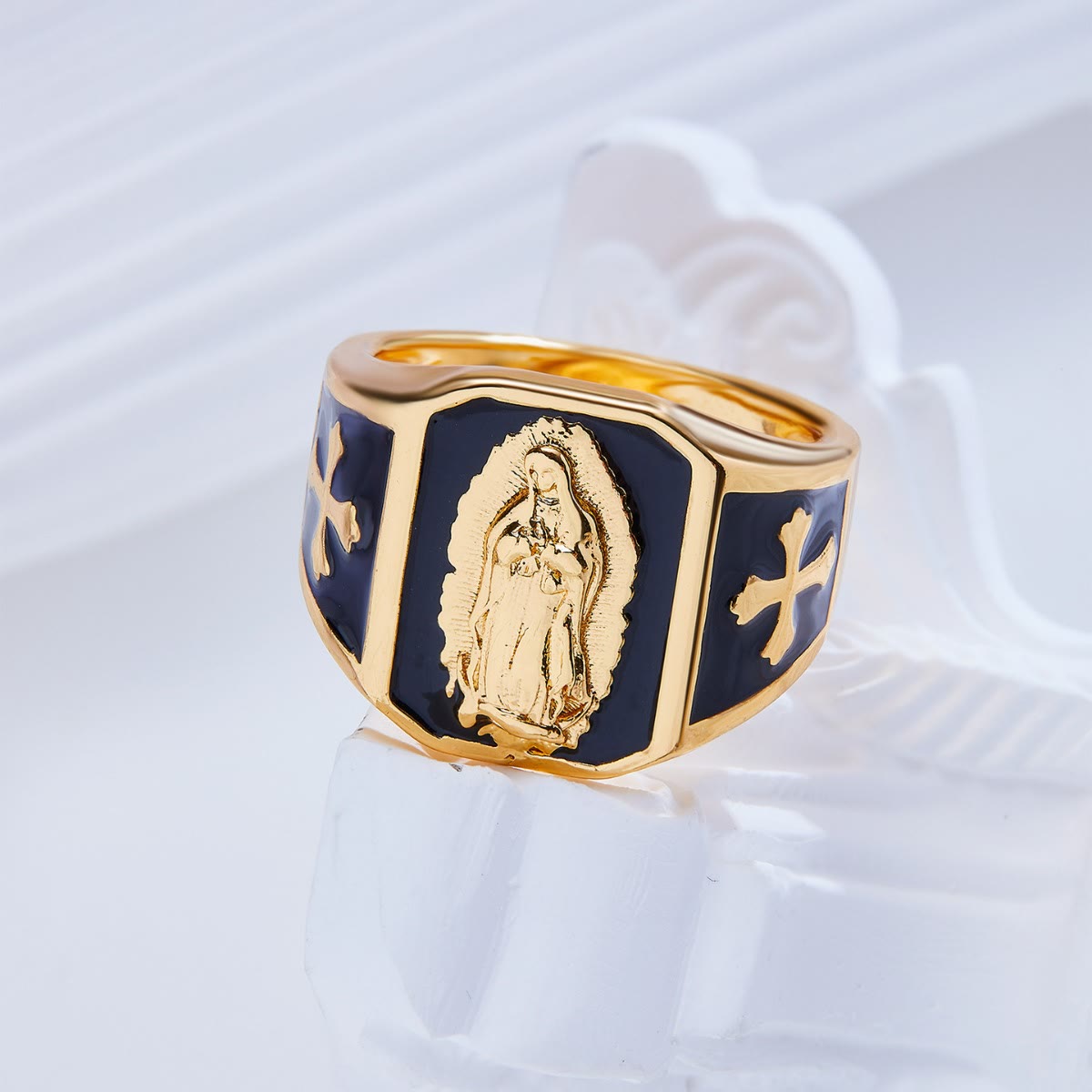 Christiandiscipleshop Classic Style Our Lady of Guadalupe Cross Black Golden Alloy Ring