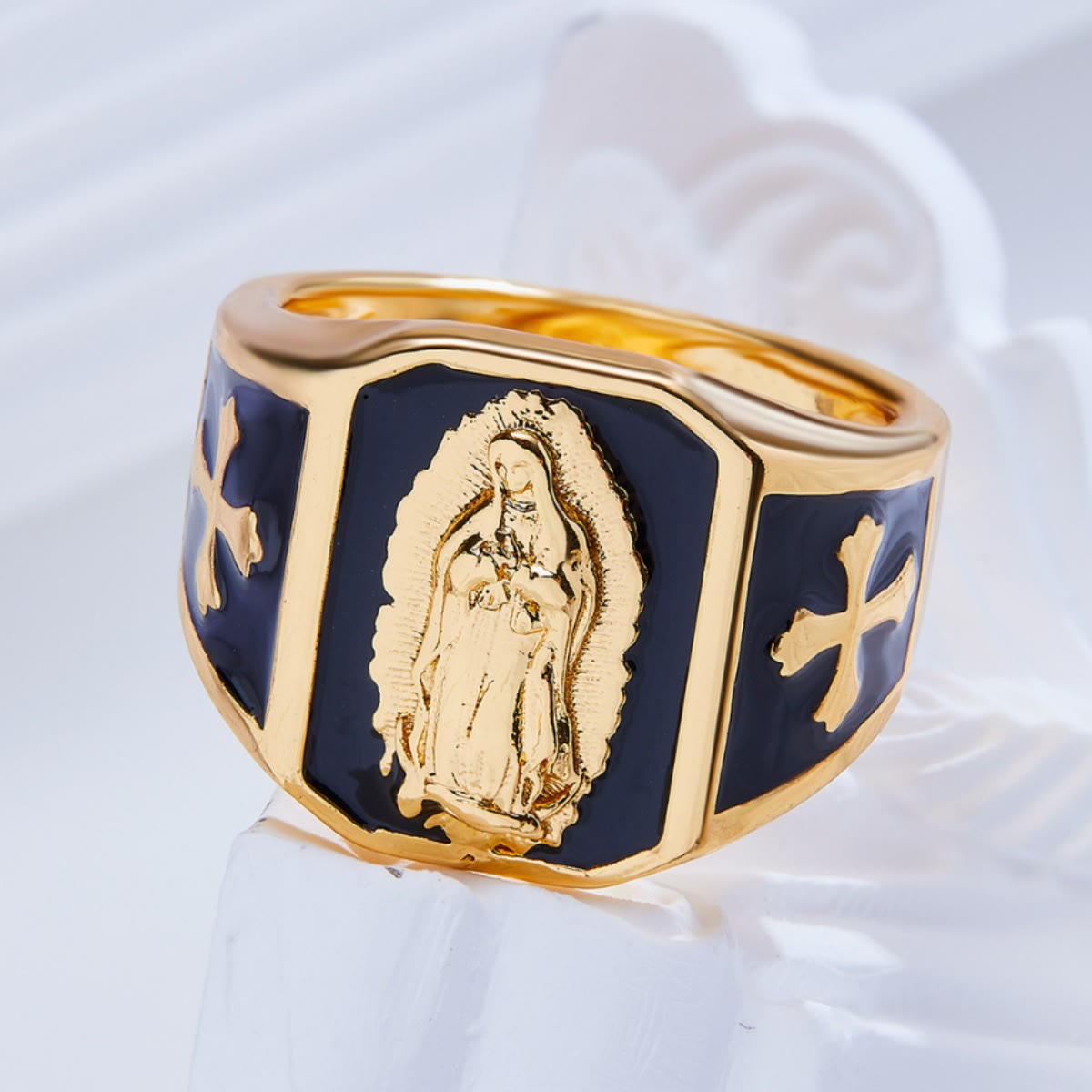 Christiandiscipleshop Classic Style Our Lady of Guadalupe Cross Black Golden Alloy Ring