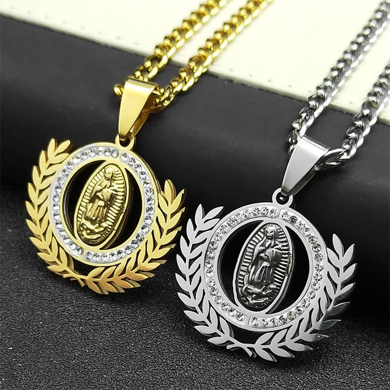 Christiandiscipleshop Classic Style Olive Branch with Our Lady of Guadalupe Rhinestones Pendant Necklace